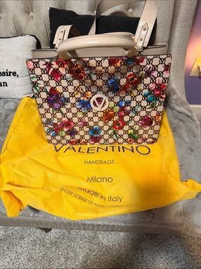 Valentino Beige Tote with Multicolor Floral Logo Print